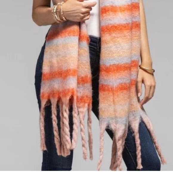 NWT Orange Rose Multi-Color Woven Scarf Soft Striped Polyester Fringe Wrap Cozy - Picture 3 of 5